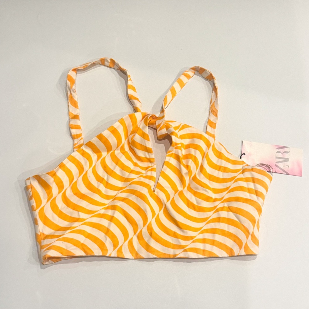 Wavy-Striped Orange Cutout Open-Back Crop Top